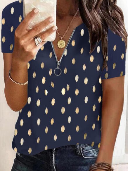 

Loosen Polka Dots Short Sleeve Tops, Dark blue, Shirts & Blouses