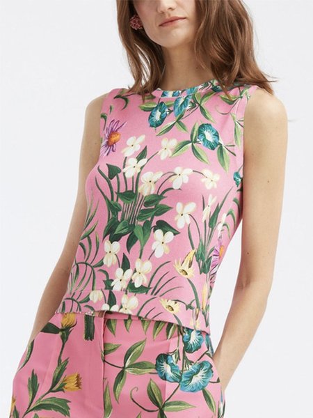 

Floral Vacation Skinny Crew Neck Knit Tank, Pink, Tanks and Camis
