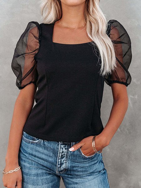 

Square Neck Regular Fit Solid Short Sleeve Top, Black, Tops