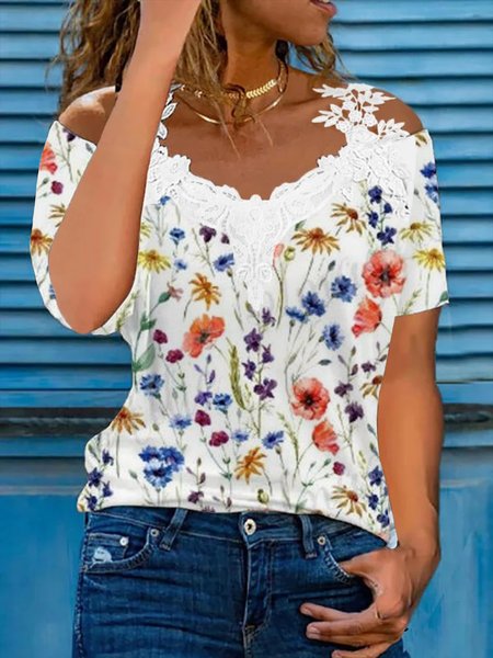 

Casual Floral Short Sleeve V Neck Plus Size Printed Tops T-shirts, Multicolor, T-Shirts