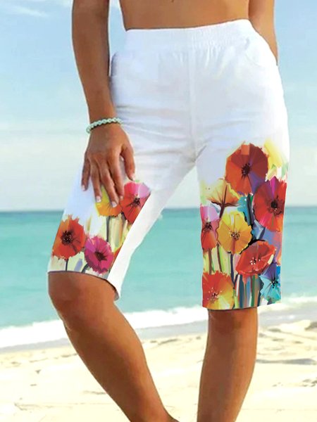 

Casual Pockets Regular Fit Straight Leg Knee Length Pant, White, Bottoms
