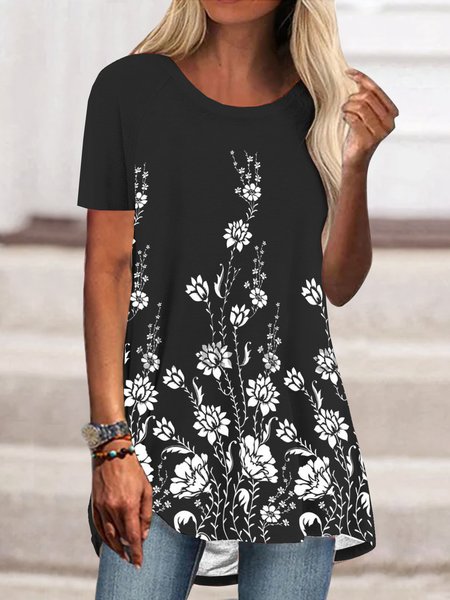 

Vintage flower contrast loose holiday Top T-shirt, Black-white, Tunics