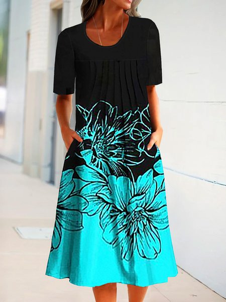 

Crew Neck Ombre Loosen Short Sleeve Knit Dress, Black, Midi Dresses