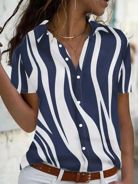 

Irregular Stripes Casual Short Sleeve Blouse, Blue, Blouses