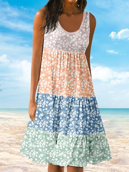 

Round Neck Casual Sleeveless Floral Dresses, Multicolor, Mini Dresses