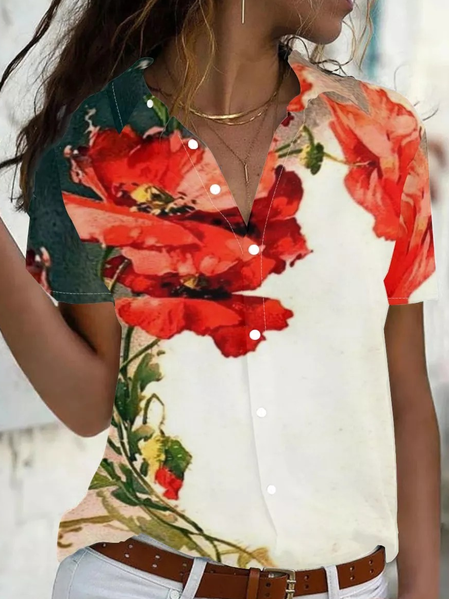 

Womens Flower Casual Shirt Collar Short Sleeve Blouse, As picture, Blouses