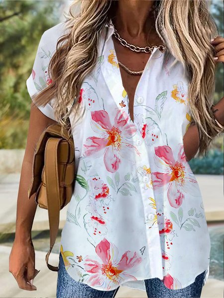 

Geometric flower holiday button top shirt Plus Size, Multicolor, Blouses & Shirts