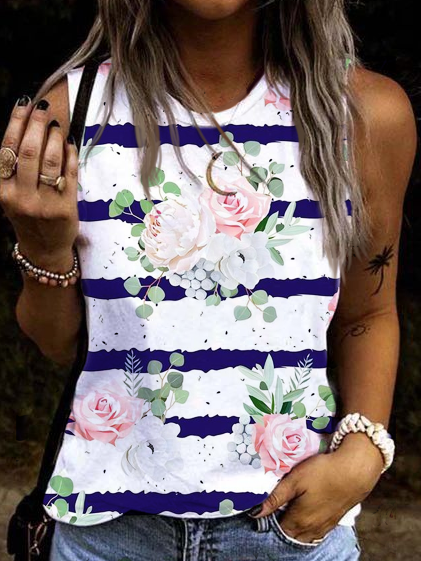 

Loosen Floral Crew Neck Knit, White, Tank Top