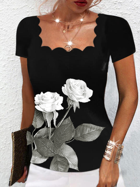

floral print Square Neck Casual Short Sleeve Tops, Black, Shirts & Blouses