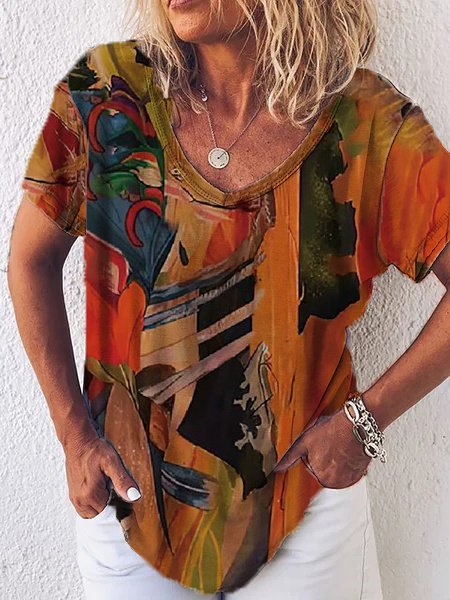 

Loosen Abstract V Neck Short Sleeve T-Shirt, Multicolor, T-Shirts