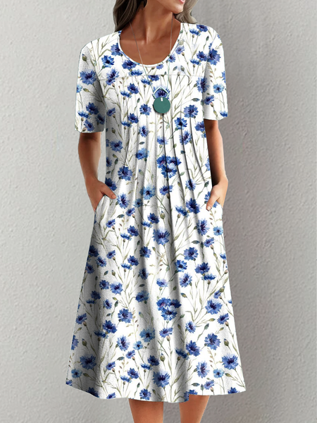 

Ruched Casual Short Sleeve Woven Dress, Blue, Midi Dresses