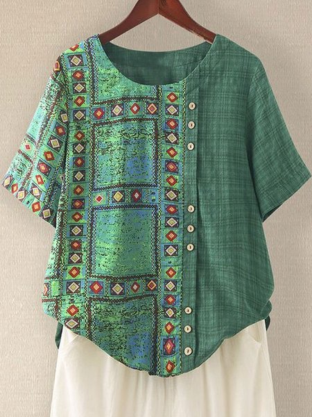 

Crew Neck Buttoned Tribal Short Sleeve Tops, Green, Shirts & Blouses