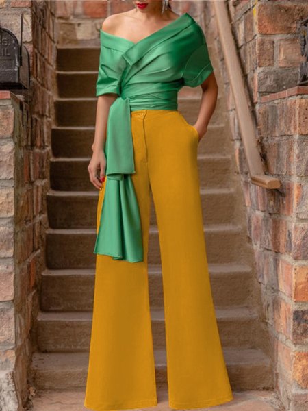 

Elegant Simple Solid Work Pockets Wide Leg Pants, Orange, Wide Leg Pants