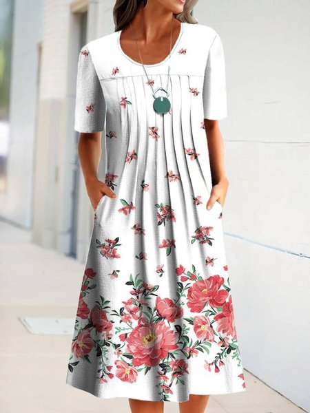 

Floral Casual Short Sleeve Woven Dress, White, Midi Dresses