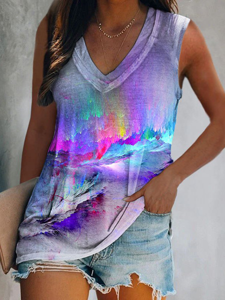 

Plus size V Neck Casual Printed, Multicolor, Tank Top