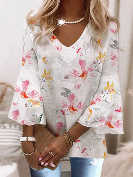 

Floral Casual V Neck Three Quarter Tops, As picture, Tops