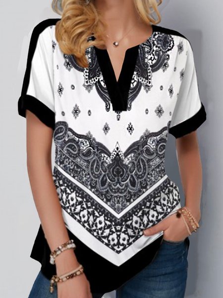 

V Neck Loosen Tribal Short Sleeve T-Shirt, Black, T-Shirts