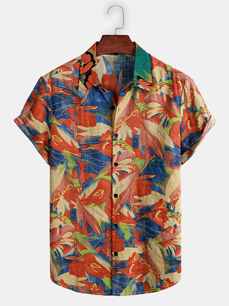 

Cotton Linen Botanical Floral Print Lapel Cozy Linen Shirt, As picture, Men's Floral shirt