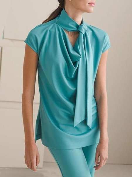 

Ruffled Tie Neck Simple Top, Blue, Tops
