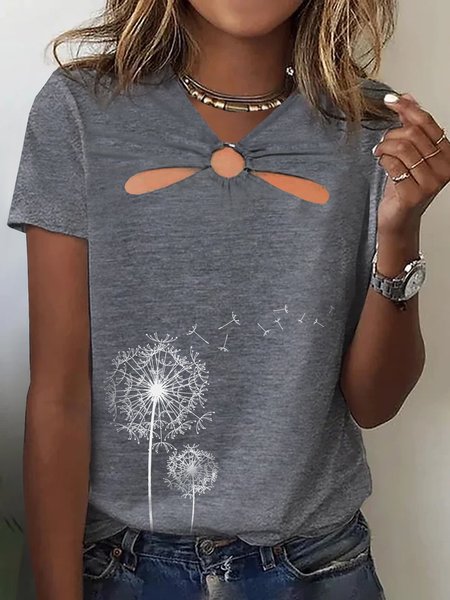 V Neck Printed Casual Short Sleeve T-Shirt, Gray, T-Shirts