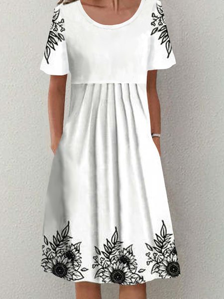 

Loosen Casual Short Sleeve Woven Dress, White, Midi Dresses