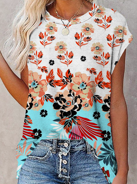 

Casual Floral Short Sleeve T-Shirt, White-blue, T-Shirts