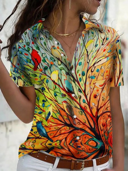 

Cute Bird Casual Short Sleeve Blouse, As picture, Blouses