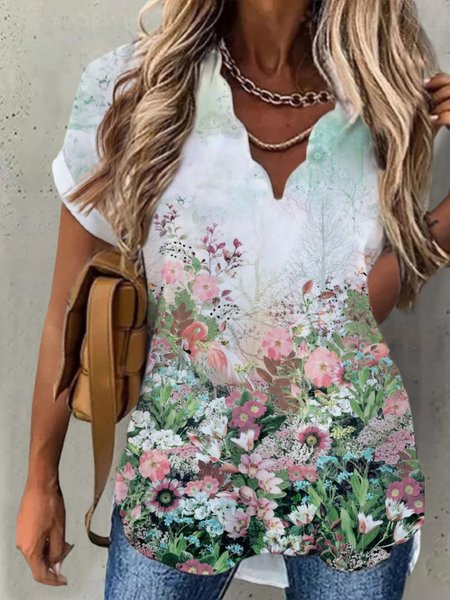 

Casual Floral V Neck Short Sleeve Tops, Green, Tops