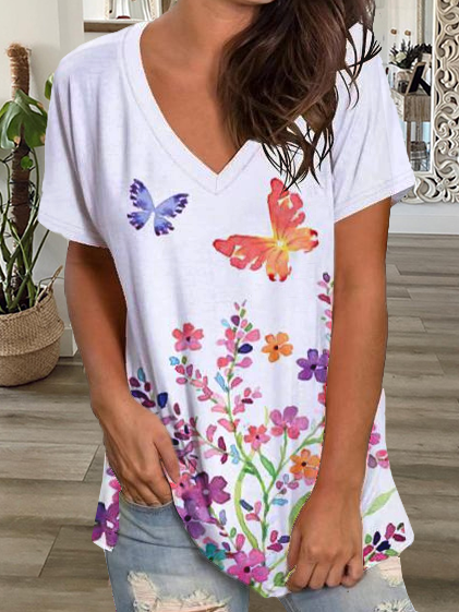 

Floral Loosen V Neck Short Sleeve T-Shirt, White, T-Shirts