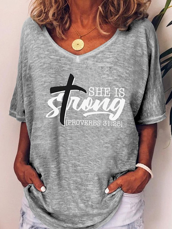 

Loosen Cotton Blends Letter Short Sleeve T-Shirt, Gray, T-Shirts