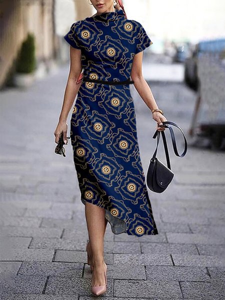 

Elegant Regular Fit Abstract Cap Sleeve Midi Dress, Blue, Midi Dresses