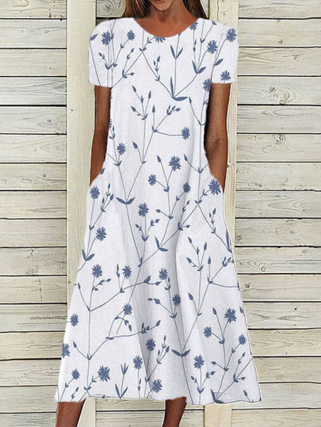 

Round Neck Loose Casual Floral Print Short Sleeve Midi Dress, White, Dresses