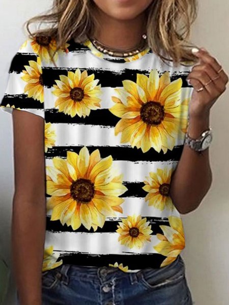 

Casual Crew Neck Floral Loosen Short Sleeve T-Shirt, As picture, T-Shirts
