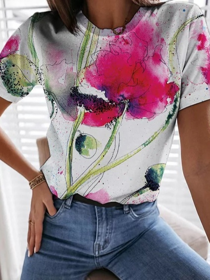 

Casual Round Neck Short Sleeve T-Shirt, White, T-Shirts