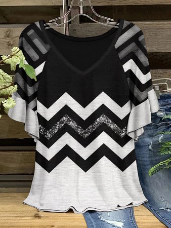 

Flare Sleeve Geometric Short Sleeve T-Shirt, Black-white, T-Shirts