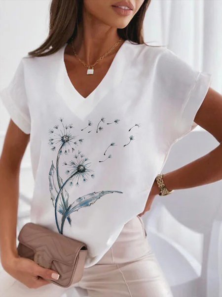 Casual Dandelion V neck Loosen Short Sleeve Tops, White, Tops