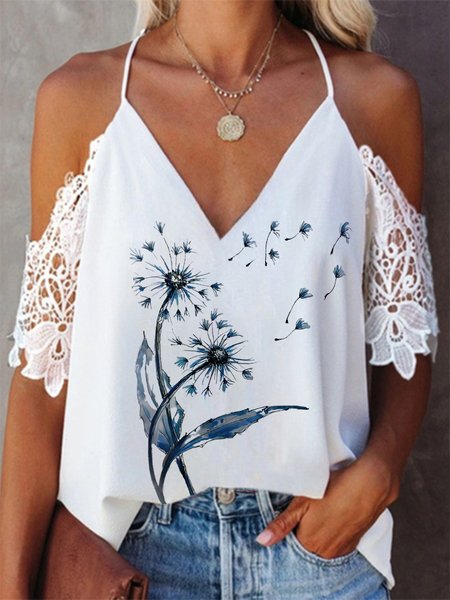 

Dandelion V Neck Lace Short Sleeve Plus Size Casual Tops, White, Tops