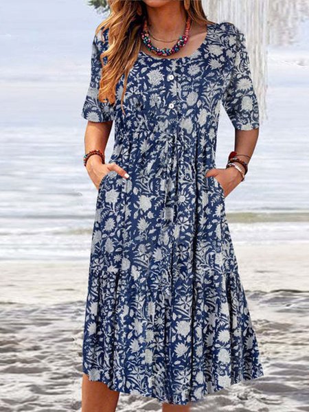 

Floral Casual Short Sleeve Knit Dress, Multicolor, Mini Dresses