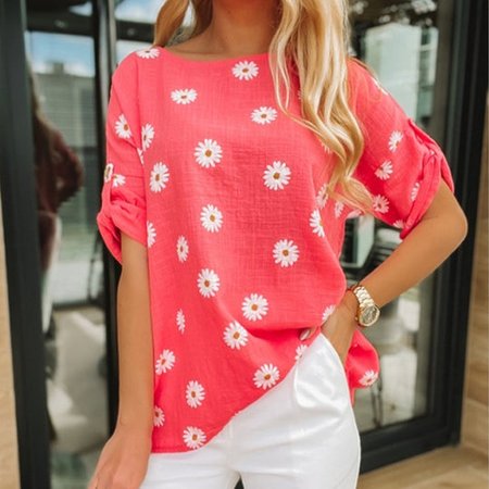 Vacation Crew Neck Floral Short Sleeve Tops, Red, Tops
