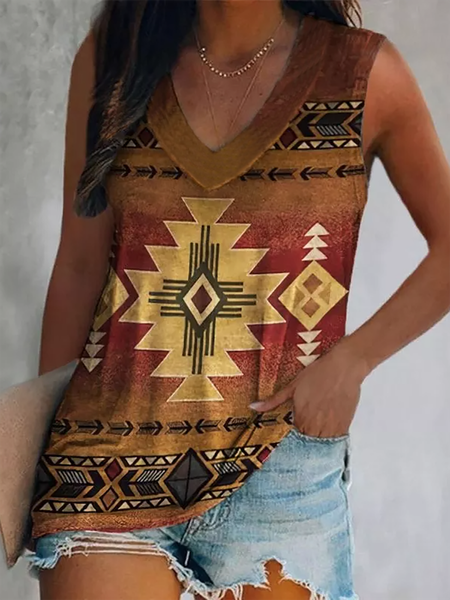 

Geometric Printed Casual Regular Fit V neck Brown, Tanks & Camis