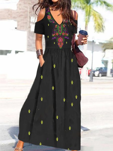 

V Neck Regular Fit Short Sleeve Knit Dress, Black, Maxi Dresses