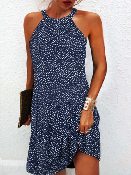 

Polka Dots Casual Halter Sleeveless A-line Dresses, Blue, Mini Dresses