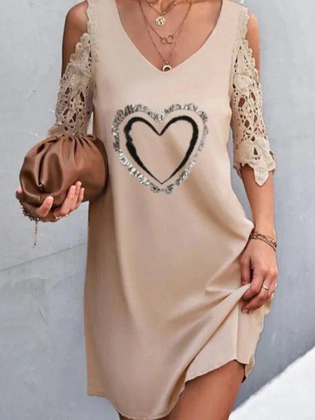 

Casual Half Sleeve V Neck Plus Size Printed Dress, Khaki, Mini Dresses
