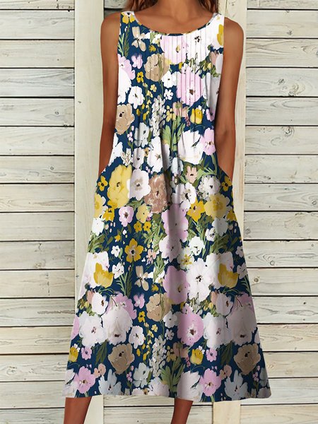 

Crew Neck Floral Sleeveless Woven Dress, As picture, Midi Dresses
