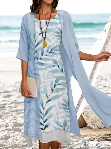 

Leaf Print Design Loose Fake Two Piece Dress & Cardigan, Light blue, Suit Set