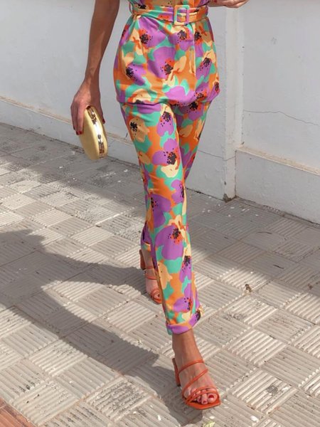 

Floral Daily Simple Regular fit Pants, Multicolor, Cropped Pants