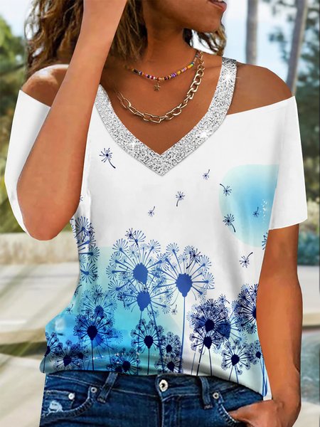 

V Neck Dandelion Printed Short Sleeve T-Shirt, White, T-Shirts