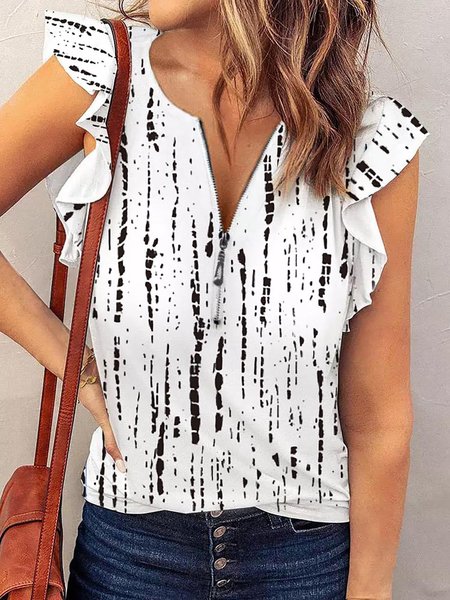 

Ladies Ruffle Sleeve Zip Design Casual Top, White, Tank Tops & Camis