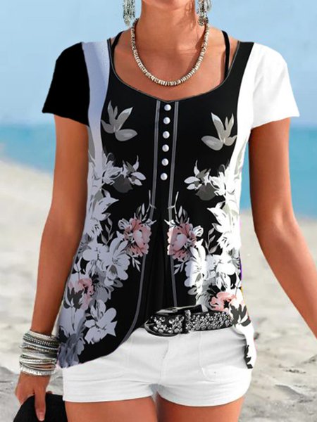 

Crew Neck Floral Printed Short Sleeve T-Shirt, Black, Tunics