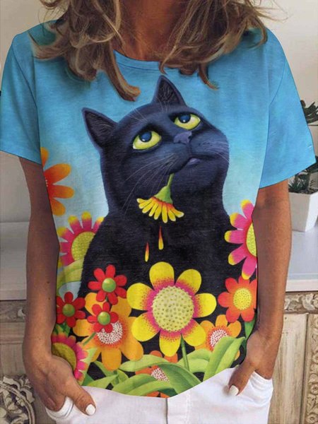 

Womens Cute Black Print Short Sleeve T-Shirt, As picture, T-shirts